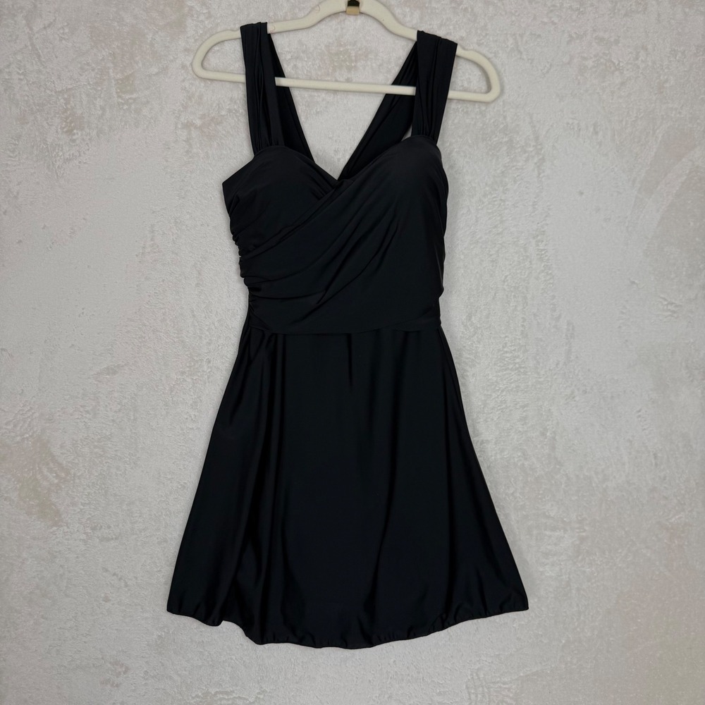 COCOPEAR Womens 2XL Black Crossover Ruched One Piece Swimdress Tummy Control